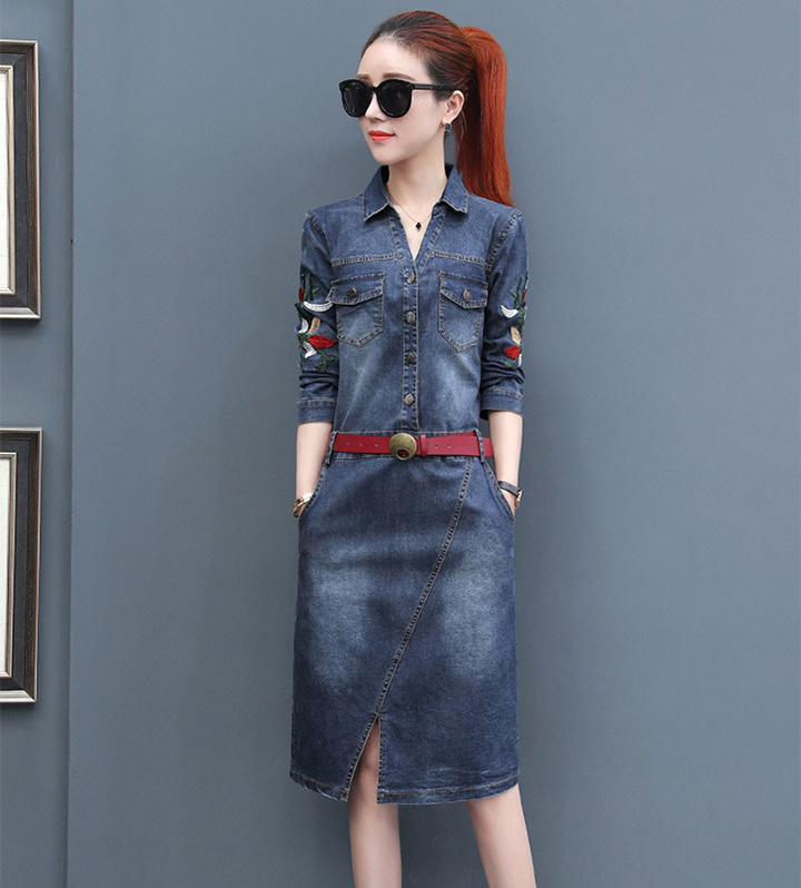 ĐẦM JEAN CỔ SƠ MI TAY DÀI THÊU HOA - NJ969
